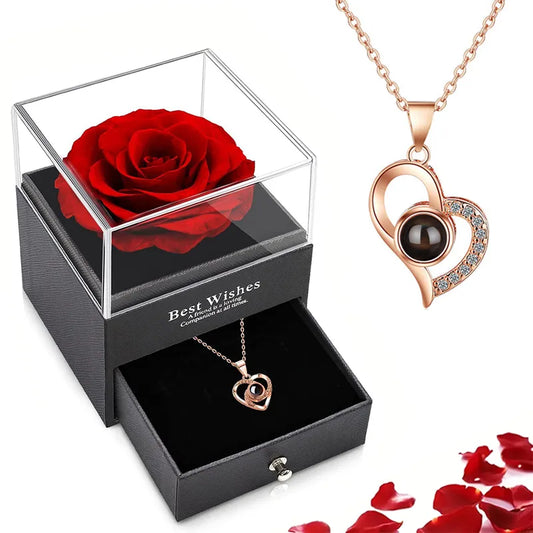 Projection Necklace Set With Rose Gift Box 1000 Languages I Love You Heart Pendant