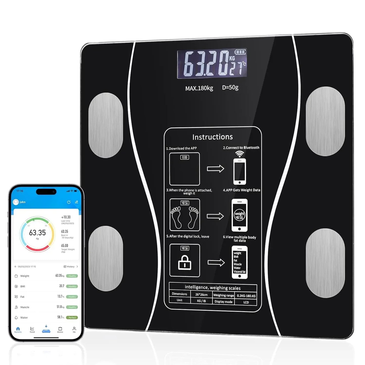 Digital and Practical Body Weight Scale with Smartphone App, Bathroom Scale with Led Display